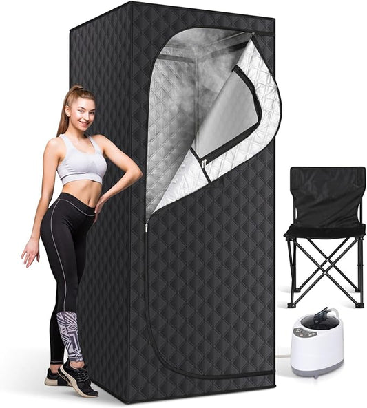 Portable Sauna Box for Home, Personal Steam Sauna Tent with 3L 1200 Watt Steamer, Remote Control and Fodable Chair, for Steam Detox Relaxation Spa, Indoor & Outdoor, 9 Levels, 2.6’ x 2.6’ x 6.1’