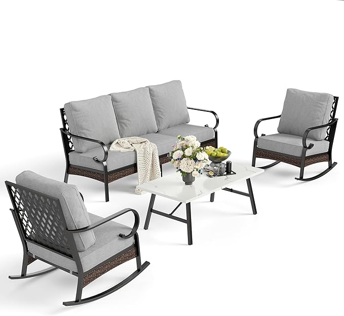 4 PCS Metal Outdoor Patio Furniture Set, Patio Conversation Sets 1 3-Seater Sofa, 2 Rocking Chairs with 5.75" Extra Thick Cushion & Coffee Table, Black Backyard Furniture, Light Gray