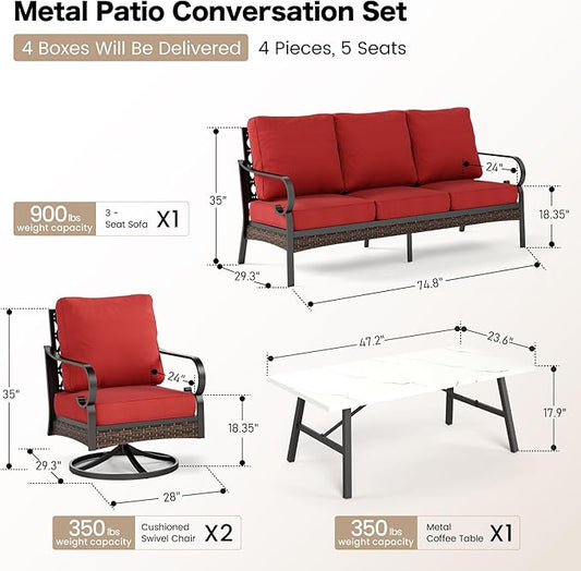4 PCS Metal Outdoor Patio Furniture Set, Patio Conversation Sets 3-Seater Sofa, 2 Swivel Chairs with 5.75" Extra Thick Cushion & Coffee Table, Black Frame Backyard Furniture, Rust Red