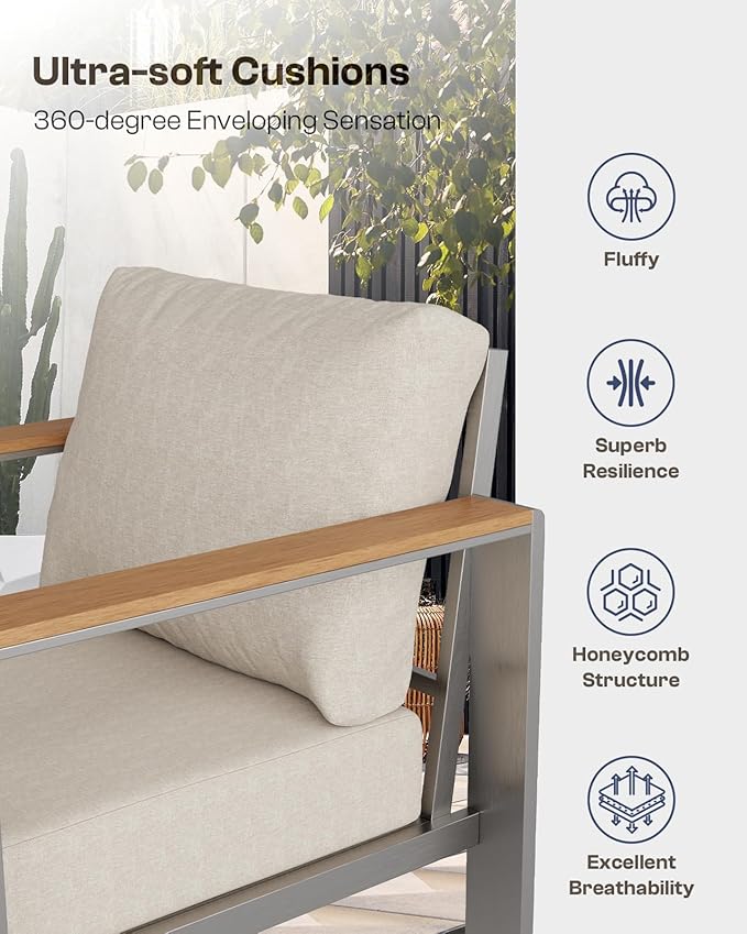 Aluminum Outdoor Patio Furniture Set with Coffee Table, 7 Piece Patio Conversation Sets with Thick Cushion, Ottomans, Patio Sectional Furniture Set for Porch, Balcony, Deck, Yard, Silver