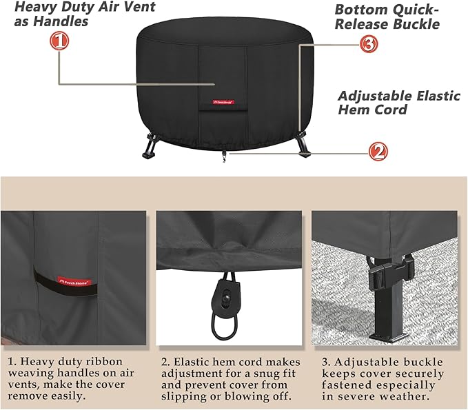 Porch Shield Fire Pit Cover - Waterproof 600D Heavy Duty Fade Resistant Round Patio Fire Bowl Cover Black - 36 inch
