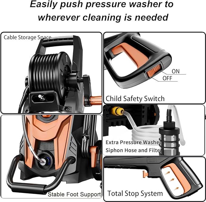 2025Upgraded Pressure Washer 4500PSI with 4 Quick Connect Nozzles,Inlet Hose & Filter, Foam Cannon for Cars/Fences/Driveways/Patios/Home Cleaning,Red