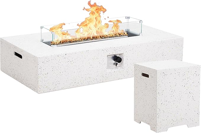 Outdoor Propane Fire Pit Table - 56" White Rectangle Terrazzo Finish Fire Table, Certified, 50000 BTU Stainless Steel Burner with Glass Wind Guard and Tank Table