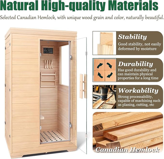 Homsido Far Infrared Home Sauna for 1 Person, 1050W Canadian Hemlock Wood Indoor Sauna Room with 5 Low-EMF Heating Panels, Bluetooth Music, Chromotherapy Light, Side Door for Bedroom, Gym, Basement