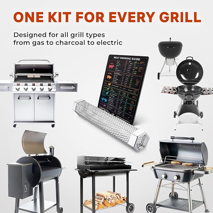 BBQ Meat Temperature Magnet & Pellet Smoker Tube Bundle – Durable Meat Smoking Guide & Stainless Steel Pellet Smoker Tube for Gas, Charcoal, & Electric Grills – Essential BBQ & Grilling Accessories