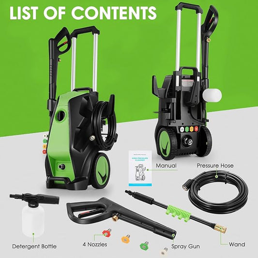 Electric Pressure Washer, 5000 PSI 3.9 GPM Heavy Duty Power Washer with Foam Cannon, 4 Nozzle Tips,33FT Hose and Soap Bottle for Home/Cars/Driveways/Patios/Decks/Fences,Green