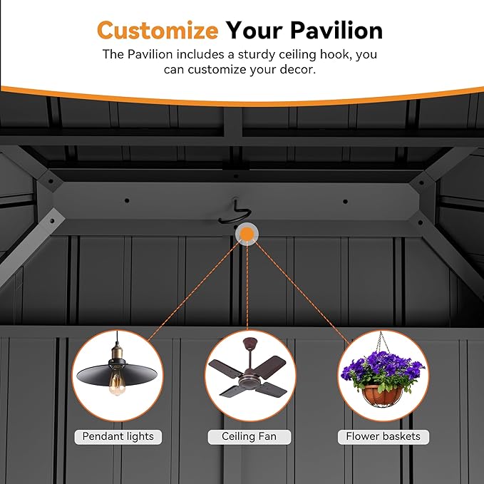 Modern Shade Grill Gazebo 6' X 8', Aluminum BBQ Gazebos with Shelves and Ceiling Hook, Grill Canopy Hardtop with Galvanized Steel Roof, Outdoor Grill Gazebo with Extra-Wide Column Design, Wood Grain