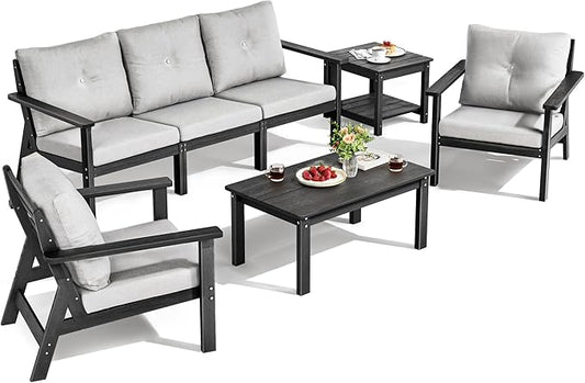 7-Piece HDPE Patio Furniture Set, All Weather Outdoor Couch with Thick Cushions, Wood Grain Outdoor Sectional with 2 Elegant Coffee Table, Durable Patio Conversation Sets for Balcony, Porch, Black