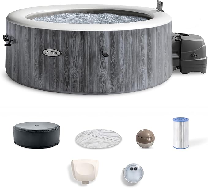 INTEX 28439EH PureSpa Greywood Deluxe Spa Set: Includes Energy Efficient Spa Cover - 140 Bubble Jets - Round Design - 4 Person Capacity - 77" x 28"