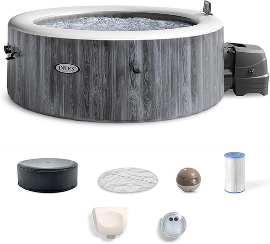 INTEX 28439EH PureSpa Greywood Deluxe Spa Set: Includes Energy Efficient Spa Cover - 140 Bubble Jets - Round Design - 4 Person Capacity - 77" x 28"