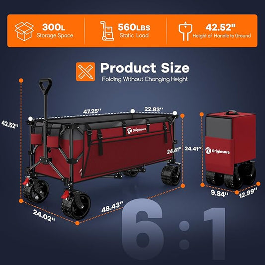 48" L Folding Beach Wagon Cart Foldable, 560lbs Weight Capacity 300L Heavy Duty Collapsible Wagons with Big All-Terrain Wheels, Utility Carts for Groceries, Shopping, Camping, Sports - Grey&Red