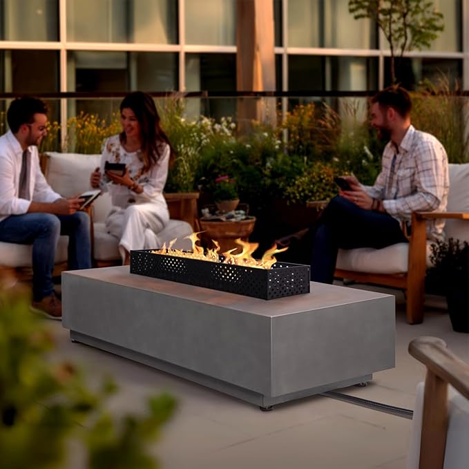 48'' Rectangular Propane Fire Pit Table, 3-in-1 50,000BTU Firepit Table with Griddle for Outside Patio, Backyard Decor, Grey