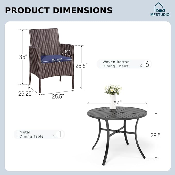 MFSTUDIO Outdoor Dining Sets for 6, Patio Table and Chairs for 6, 7 Pieces Rattan Outdoor Dining Furniture Set, Patio 54" Round Table with Chairs, Backyard, Porch