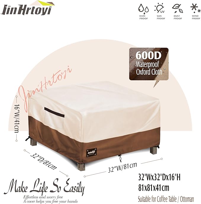 Patio Ottoman Cover Waterproof Square Outdoor Ottoman Covers, 32W x 32D x 16H Inches Patio Furniture Covering Protector Outdoor Side Table Cover, Beige&Brown