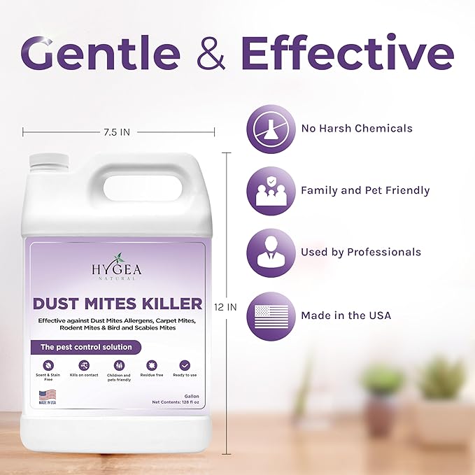 Hygea Natural Dust Mite Spray - Eliminates Dust Mites, Carpet Mites, Rodent Mites, Bird & Scabies Mites - Pet & Child Friendly, Eco-Friendly - 128oz (unscented)
