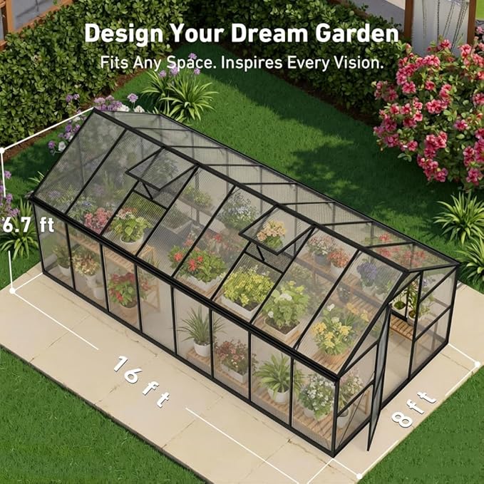 8x16 FT Outdoor Greenhouse, Aluminum Frame Quick Lock System, Large Walk-in Garden Greenhouse for Vegetables, Flowers & Plants, with Sliding Door & Screened Vent Window, Black