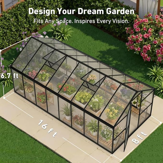 8x16 FT Outdoor Greenhouse, Aluminum Frame Quick Lock System, Large Walk-in Garden Greenhouse for Vegetables, Flowers & Plants, with Sliding Door & Screened Vent Window, Black