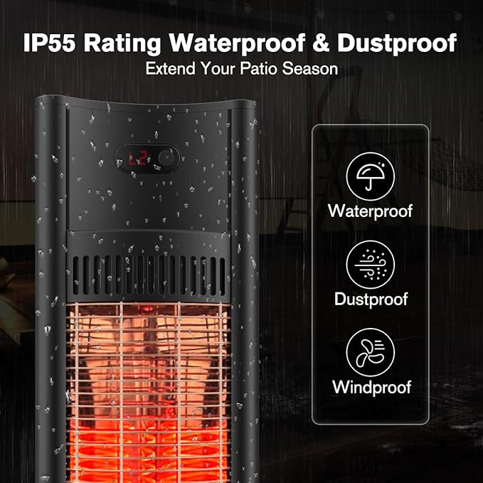 ThermoMate Outdoor Indoor Electric Patio Heater, 1500W 38.5" Portable Tower Infrared Heaer, IP55 Rated Space Radiant Heater with Remote, Timer, Tip-over Protection for Backyard, Restaurant & Garage