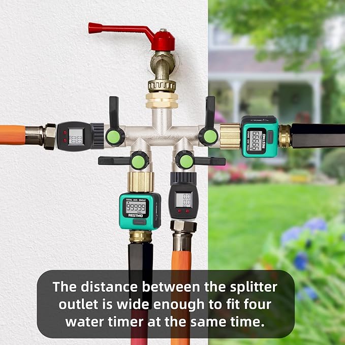 4 Way Hose Splitter, Brass High Flow Garden Hose Splitter Heavy Duty, Hose Connector, Water Spigot Splitter, Full Flow Faucet Splitter with shutoff, 3/4” GHT Inlet
