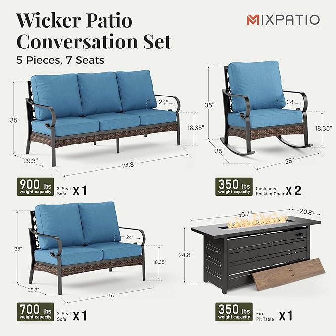 Patio Furniture Set with Firepit Table, Black Frame Outdoor Conversation Set with 2 x Rocking Chairs, 1 x 2-Seat Sofa, 1 x 3-Seat Sofa for Lawn Garden Backyard, Navy Blue