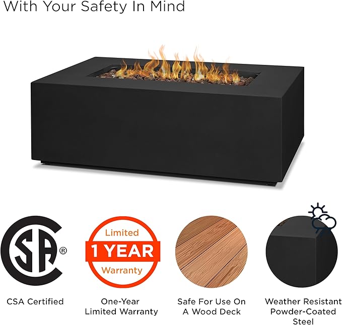 Real Flame Aegean 42in Rectangle Propane or Natural Gas Fire Pit Table, 50,000 BTU, Powder-Coated Steel, Push-Button Ignition, CSA Certified, Lava Rock, Storage Cover, Stainless Steel Burner with Lid