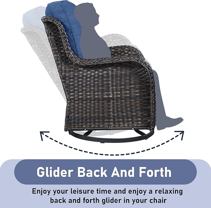 Wicker Rattan Patio Furniture Set - 7 Pieces Outdoor Couch with Swivel Chairs, Ottomans and Coffee Table for Deck, Poolside, Backyard - Brown/Blue