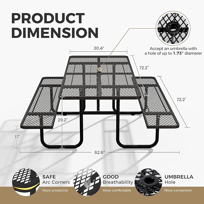 KUFUH 72" Coated Round Metal Picnic Table for 4-6 Person, Durable Heavy Duty Commercial Picnic Table with Umbrella Hole for Outdoor Coffee Shop, School, Easy to Install, Black