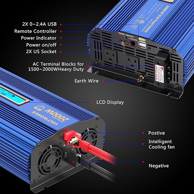 Power Inverter 2000w DC 12V to AC 120V ETL UL458 Modified Sine Wave Inverter with LCD Display Remote Control 2 AC Outlets 1 hardwire Terminal Dual 2.4A USB Ports for Car RV Truck Boat by VOLTWORKS