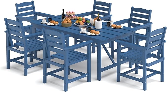 Kingdura 7 Piece Patio Dining Set for 6, HDPE Outdoor Table & Chairs with Umbrella Hole, All-Weather Outdoor Furniture Patio Conversation Set for Lawn Pool Backyard, Navy Blue