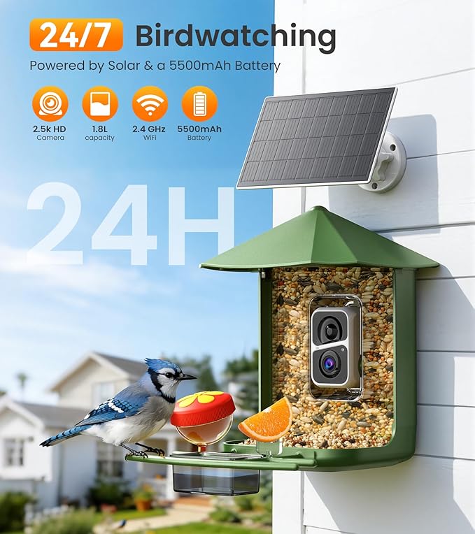 Smart Bird Feeder with Camera - 2.5K HD Night Vision Bird Feeder with Camera Solar Powered, Free AI Identify Auto Video 170° Live View Birds Feeders for Birds Lovers Outdoors(Green)