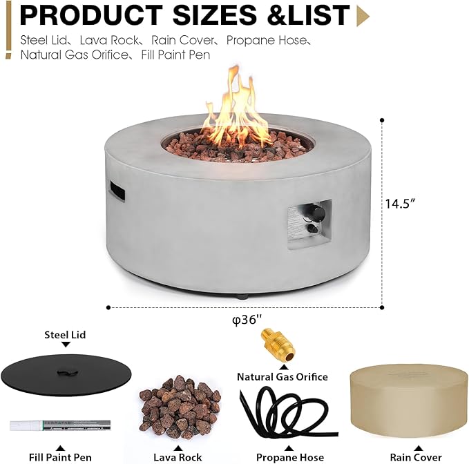 36inch Round Concrete Fire Pit Table Propane 50,000 BTU Outdoor Fire Table Modern Firepit CSA Certification Natural Gas Firepits with Steel Lid, Rain Cover for Outside, Backyard, Deck