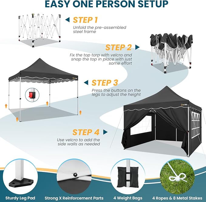 HOTEEL Canopy Tent 10x10 Pop Up Canopy with 4 Removable Sidewalls, Sandbags, Stakes & Ropes, UPF 50+ Easy Setup Event Shelter Waterproof Outdoor Instant Portable Gazebo for Party, Vendor, Black
