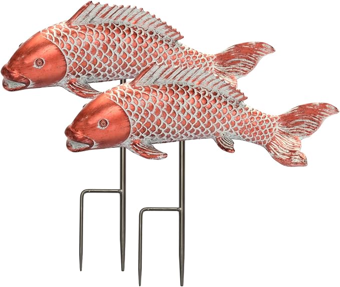 Wosuine Outdoor Statues Garden Koi Fish Decor, 2pcs Antique Copper Koi Fish Sculpture for Pond Lawn Patio Porch Yard Decor Home House Ornaments, Birthday Gardening Gifts for Grandma Women