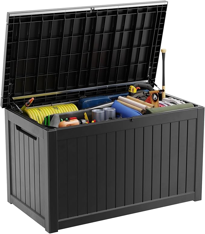 Vixzen 280 Gallon Resin Deck Box, Lockable Outdoor Storage Box for Patio Cushions Storage Furniture,Garden Tools, Pool Supplies, Weatherproof and UV Resistant- Black