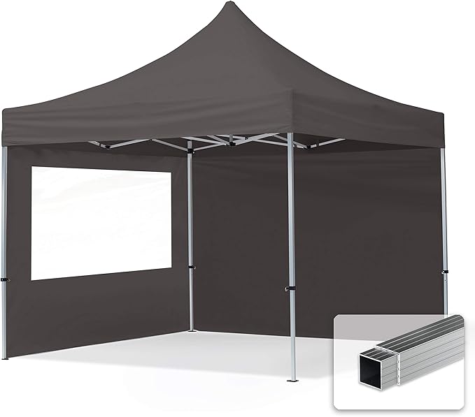 TOOLPORT 10x10 ft PES 700 Pop up Canopy Tent Economy Aluminium 1.3 in., incl. 2 Sidewalls with Panorama Windows, Dark Gray