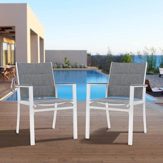 Kozyard Villa Outdoor Aluminum Patio Dining Chair (White Frame, Gray Paded Textilence, Pack of 2)