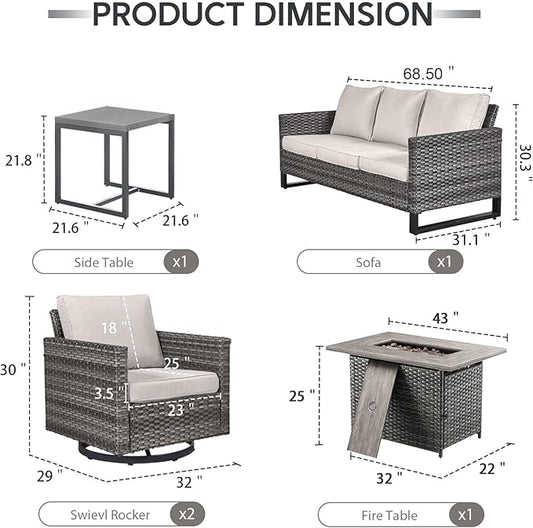 5 Piece Wicker Patio Furniture with Fire Pit Table - Outdoor Conversation Set with 50,000 BTU Fire Pit, All Weather Rattan Patio Set for Deck Backyard Garden - Grey Wicker Beige Cushion
