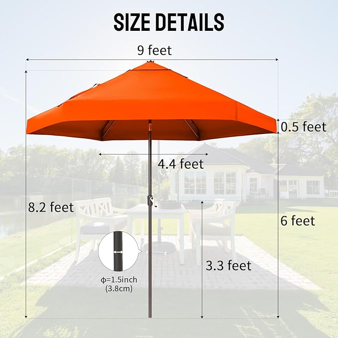 CROWN SHADES 9 Ft Patio Umbrella with Auto-Tilt & Olefin Fabric - Patented 90° Edge Connection Wind Resistant, Outdoor Umbrella for Table, Pool, Beach, Effortless Crank System