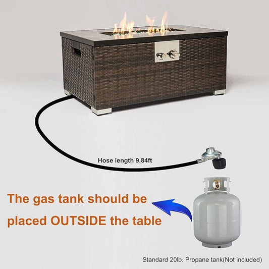 32'' Outdoor Low Profile Fire Table, Marble Tile Ceramic Tabletop, 50,000 BTU Fire Table with Brown Wicker, Mix Color Glass Rocks, Including Lid&Cover, Fits 20lb Tank Outside, Rectangle.