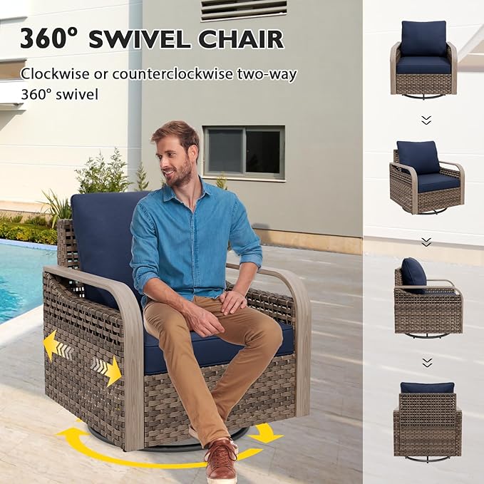 EAGLE PEAK Modern Wicker Outdoor Patio Furniture Set, Patio Conversation Set, 4 Swivel Rocker Chairs, 3-Seat Loveseat, 2 Ottomans, Coffee Table and Side Table, 9 Pieces, Brown/Blue