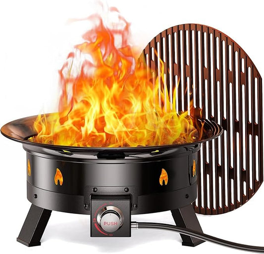 Ciays Large Propane Fire Pit 19 Inch, Gas Fire Pit with Grill Grate, Folding Legs, Hose Hooks, Propane Tank Holder, Cover & Carry Strap, CSA Certified Portable Outdoor Fire Pit for Camping, 58,000 BTU