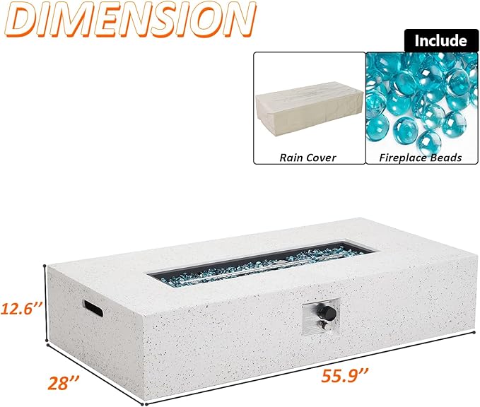 Outdoor Propane Fire Pit Table - 56" White Rectangle Terrazzo Finish Fire Table, Certified, 50000 BTU Stainless Steel Burner with Transparent Blue Fire Glass and Raincover