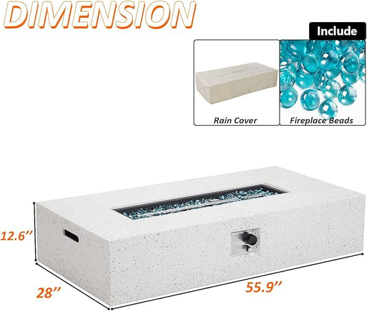 Outdoor Propane Fire Pit Table - 56" White Rectangle Terrazzo Finish Fire Table, Certified, 50000 BTU Stainless Steel Burner with Transparent Blue Fire Glass and Raincover