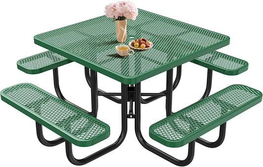 46" Square Top Outdoor Picnic Table Set for Up to 8 Persons, Outside Table Set with 4 Built-in Benches, Metal Commercial-Grade Dining Furniture with Umbrella Hole for Garden, Backyard, Porch, Green