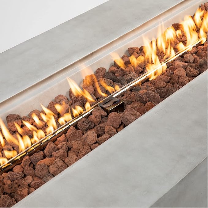 70" Linear Rectangular Modern Concrete Fire Pit Table, Double Level Storage Unit and Lava Rocks, Side Handles – Light Grey.