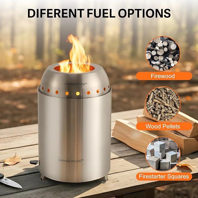 CHANGE MOORE Table Fire Pit Set & Cap, Portable Smokeless Firepit with Flodable Stand, Secondary Burn Fueled by Pellets or Wood, 201 Stainless Steel Table Top Firepit for Patio, Camping, Backyard