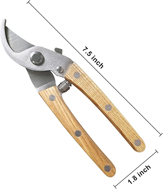 Pruning Shears for Gardening - 7.5" Hand Pruners with High Carbon Steel Blade, 5/8" Cutting Capacity, Ergonomic Wood-Inlaid Steel Handles, Safety Lock & a Spring Included - Garden Clippers
