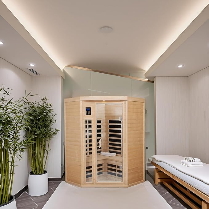 Far Infrared Sauna Low EMF Wooden Saunas for Home, 2-3 Person Indoor Home Saunabox, 1600watt Canadian Hemlock Sauna Room with Blue-Tooth, LCD, 10 Minutes Pre-Warm up
