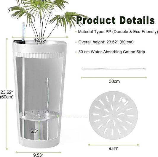24" Tall Self Watering Planters for Indoor Plants, 2 Pack Large Plastic Outdoor Planter Pots with Built-In Water Reservoir and Level Indicator, Decorative Modern Flower Pots for Home & Patio (White)