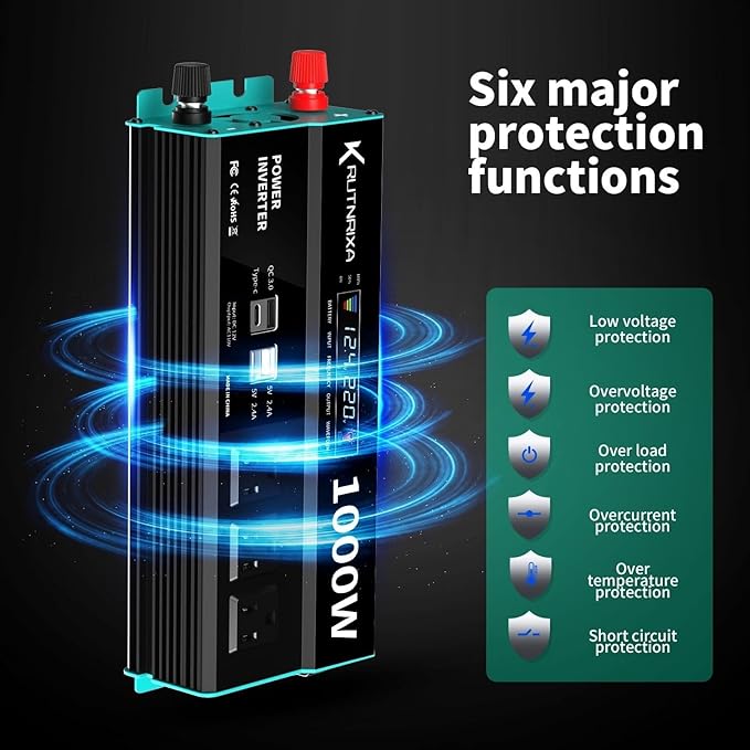 Power Inverters 500W 12V DC to 110V AC Converter for Vehicles USB-C/PD 25W Fast Charging Ports Car Charger Adapter with a Cigarette Lighter Ports Plug Outlet(Modified sine wave-1000W)